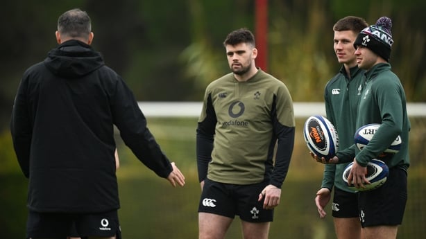 29 January 2026; Ireland head coach Andy Farrell speaks to his out-halves, from left, Harry Byrne, Sam Prendergast and Jack Crowley during an Ireland Rugby squad training session at The Campus in Quinta do Lago, Portugal. Photo by Brendan Moran/Sportsfile