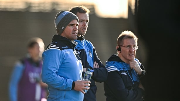 1 February 2026; Dublin manager Ger Brennan, left, and selector Dean Rock during the Allianz Football League Division 1 match between Mayo and Dublin at the Hastings Insurance MacHale Park in Castlebar, Mayo. Photo by Ben McShane/Sportsfile