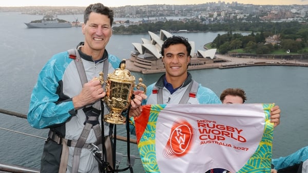 SYDNEY, AUSTRALIA - FEBRUARY 03: John Eales and Joseph-Aukuso Sua'ali'i during a Rugby World Cup Media Opportunity on the Sydney Harbour Bridge on February 03, 2026 in Sydney, Australia. (Photo by Mark Kolbe - World Rugby/World Rugby via Getty Images)
