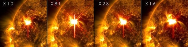 NASA's Solar Dynamics Observatory captured these images of the solar flares — seen as the bright flashes in the center of the images — on Feb. 1 and Feb. 2, 2026. The images show a subset of extreme ultraviolet light that highlights the extremely hot material in flares and which is colorized in gold