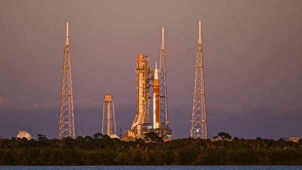 The Space Launch System (SLS) rocket and the Orion spacecraft, integrated for the Artemis II mission, are seen at Launch Pad 39B at the Kennedy Space Center