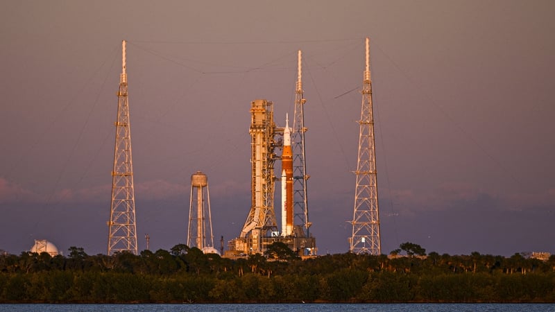 The Space Launch System (SLS) rocket and the Orion spacecraft, integrated for the Artemis II mission, are seen at Launch Pad 39B at the Kennedy Space Center