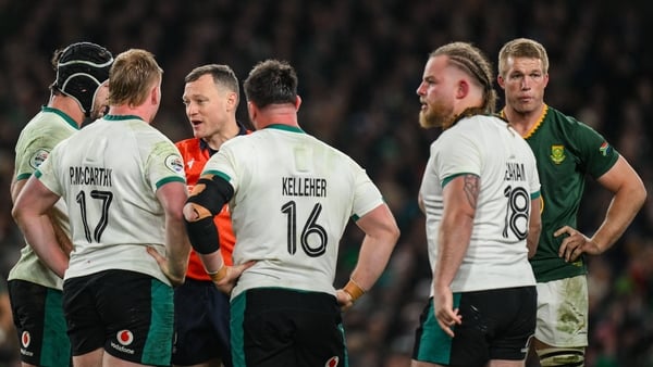 22 November 2025; Referee Matthew Carley speaks to Ireland captain Caelan Doris, second from left, and Ireland front row Paddy McCarthy, 17, Rónan Kelleher, 16, and Finlay Bealham, 18, during the Quilter Nations Series 2025 match between Ireland and South
