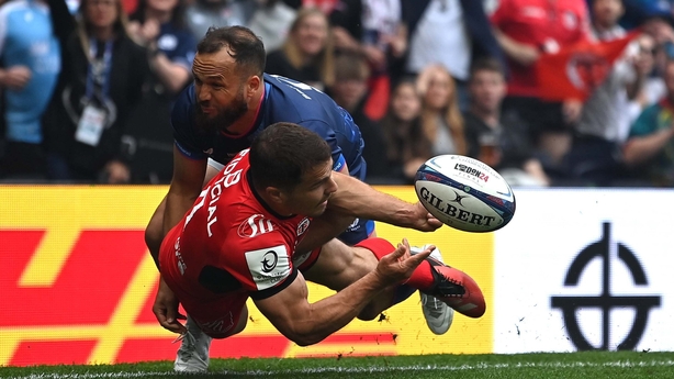 25 May 2024; Antoine Dupont of Toulouse is tackled into touch by Jamison Gibson-Park of Leinster in the build up to a try for Toulouse which was subsequently disallowed during the Investec Champions Cup final between Leinster and Toulouse at the Tottenham Hotspur Stadium in London, England. Photo by