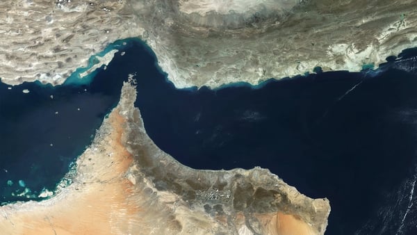 STRAIT OF HORMUZ - 2 OCTOBER 2024: Satellite view of the Strait of Hormuz, a critical chokepoint for global energy supply, connecting the Persian Gulf to the Gulf of Oman. This vital maritime route facilitates the transportation of goods, including oil an