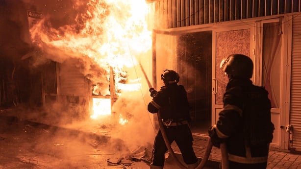 KRAMATORSK, UKRAINE - FEBRUARY 3: Firefighters extinguish a fire after a strike by a Russian Molnia drone on the market in Kramatorsk, Ukraine, 3 February 2026. (Photo by Diego Herrera Carcedo/Anadolu via Getty Images)