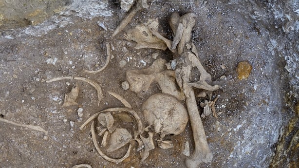 Undated handout photo issued by Cambridge Archaeological Unit of remains found in the burial pit