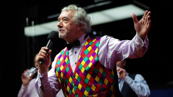 John Virgo during an exhibition match on day fifteen of the 2015 Betfred World Snooker Championship at Crucible Theater on May 2, 2015 in Sheffield