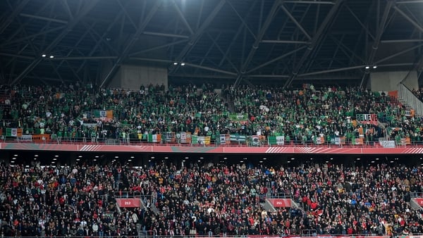 16 November 2025; Republic of Ireland supporters before the FIFA World Cup 2026 Group F Qualifier match between Hungary and Republic of Ireland at Puskás Aréna in Budapest, Hungary. Photo by Stephen McCarthy/Sportsfile