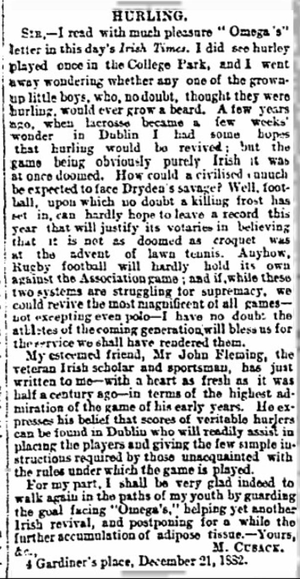 Irish Times, 22 December 1882, p7. Michael Cusack's letter to the editor in relation to hurley and hurling