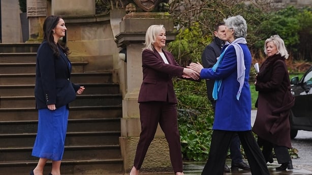 Deputy First Minister Emma Little Pengelly and First Minister Michelle O'Neill greeting President of Ireland Catherine Connolly at Stormont Castle