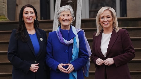 Deputy First Minister Emma Little Pengelly and First Minister Michelle O'Neill greeting President of Ireland Catherine Connolly