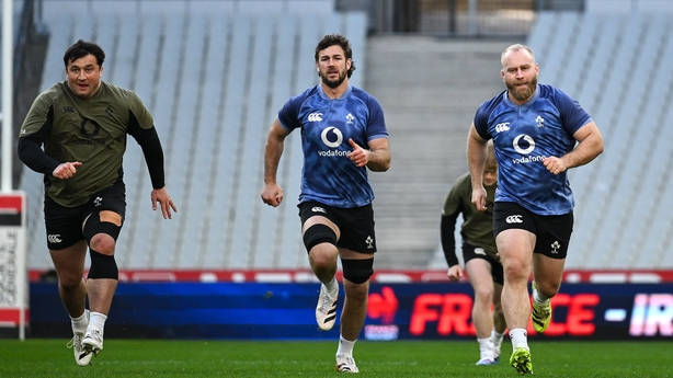 4 February 2026; Thomas Clarkson, left, captain Caelan Doris and Jeremy Loughman during the Ireland rugby squad captain's run at Stade de France in Paris, France. Photo by Brendan Moran/Sportsfile
