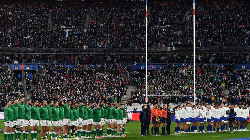 12 February 2022; The teams stand for the national anthems before the Guinness Six Nations Rugby Championship match between France and Ireland at Stade de France in Paris, France. Photo by Brendan Moran/Sportsfile