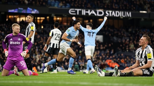 MANCHESTER, ENGLAND - FEBRUARY 04: Omar Marmoush of Manchester City celebrates scoring his team's first goal during the Carabao Cup Semi Final Second Leg match between Manchester City and Newcastle United at Etihad Stadium on February 04, 2026 in Manchest