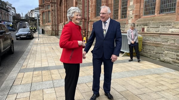 President Catherine Connolly is met by Lord Lieutenant Ian Crowe at the city's Guildhall