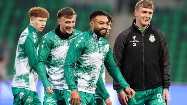 Dublin , Ireland - 31 January 2026; Shamrock Rovers players, from left, Adam Brennan, Danny Grant, Jake Mulraney, and Michael Noonan before the 2026 Men's President's Cup final match between Shamrock Rovers and Derry City at Tallaght Stadium in Dublin. (P