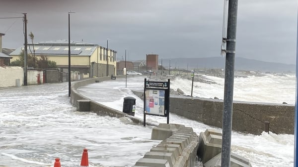 Waves wash over onto roads at the Murrough, Wicklow town