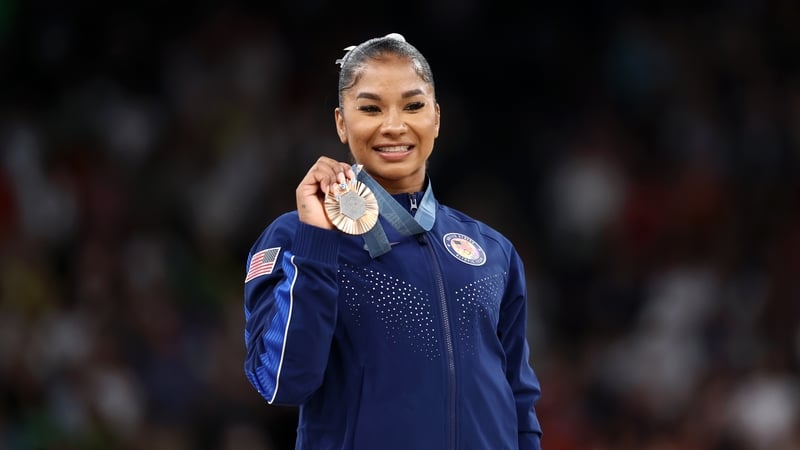 PARIS, FRANCE - AUGUST 05: Jordan Chiles of Team USA looks on with her Bronze Medal from the Women's Apparatus floor final on day ten of the Olympic Games Paris 2024 at Bercy Arena on August 05, 2024 in Paris, France. (Photo by Naomi Baker/Getty Images)