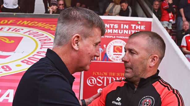 28 June 2024; St Patrick's Athletic manager Stephen Kenny, left, and Bohemians manager Alan Reynolds before the SSE Airtricity Men's Premier Division match between St Patrick's Athletic and Bohemians at Richmond Park in Dublin. Photo by Seb Daly/Sportsfile