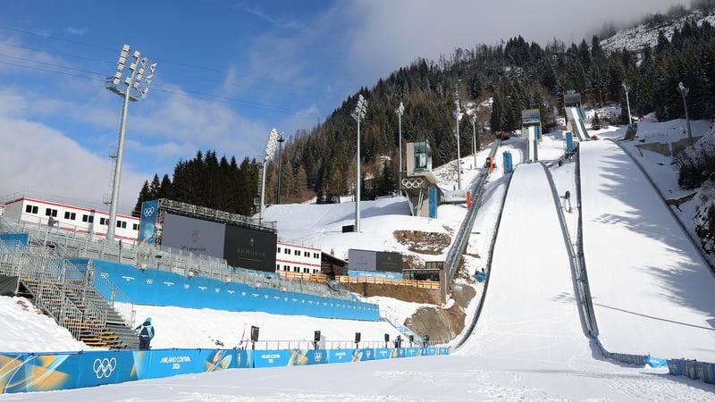 PREDAZZO ITALY - FEBRUARY 03: A general view at the Predazzo Ski Jumping Stadium ahead of the Milano Cortina 2026 Winter Olympics on February 03, 2026 in Predazzo, Italy. (Photo by Alex Slitz/Getty Images)