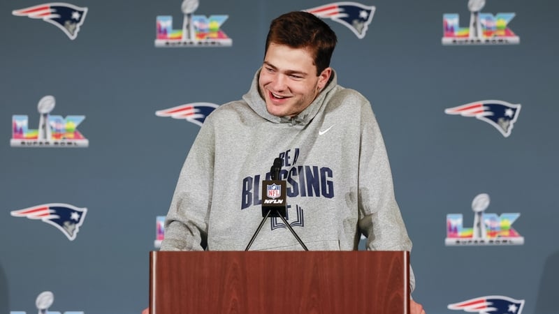 Drake Maye (10) of the New England Patriots answers questions during the Thursday press conference on Thursday, February 5th at the Santa Clara Marriott in Santa Clara, CA.