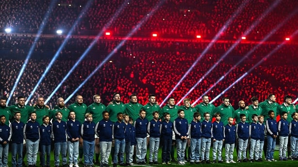 5 February 2026; Ireland players during the national anthem before the Guinness 6 Nations Rugby Championship match between France and Ireland at Stade de France in Paris, France. Photo by Ramsey Cardy/Sportsfile