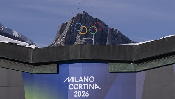 CORTINA D'AMPEZZO, ITALY - JANUARY 26: The Olympic Rings are set in front of surrounding mountains at Cortina Curling Olympic Stadium on January 26, 2026 in Cortina d'Ampezzo, Italy. Cortina will host Sliding, Curling and Women's Alpine events. (Photo by