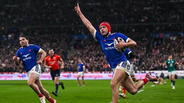 5 February 2026; Louis Bielle-Biarrey of France celebrates as he runs in to score his side's first try during the Guinness 6 Nations Rugby Championship match between France and Ireland at Stade de France in Paris, France. Photo by Ramsey Cardy/Sportsfile