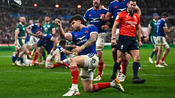 5 February 2026; Matthieu Jalibert of France celebrates after scoring his side's second try during the Guinness 6 Nations Rugby Championship match between France and Ireland at Stade de France in Paris, France. Photo by Ramsey Cardy/Sportsfile