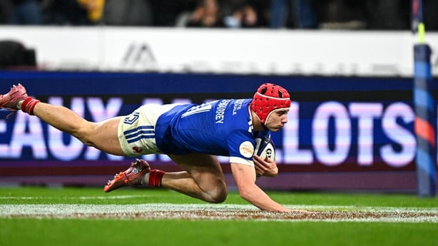 5 February 2026; Louis Bielle-Biarrey of France scores his side's fourth try during the Guinness 6 Nations Rugby Championship match between France and Ireland at Stade de France in Paris, France. Photo by Seb Daly/Sportsfile