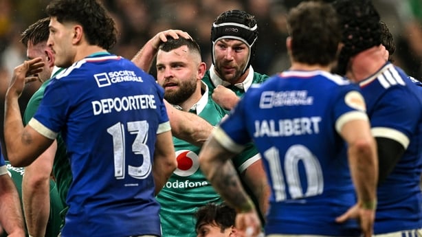 5 February 2026; Michael Milne of Ireland is congratulated by team mate Caelan Doris after scoring their side's second try during the Guinness 6 Nations Rugby Championship match between France and Ireland at Stade de France in Paris, France. Photo by Ramsey Cardy/Sportsfile