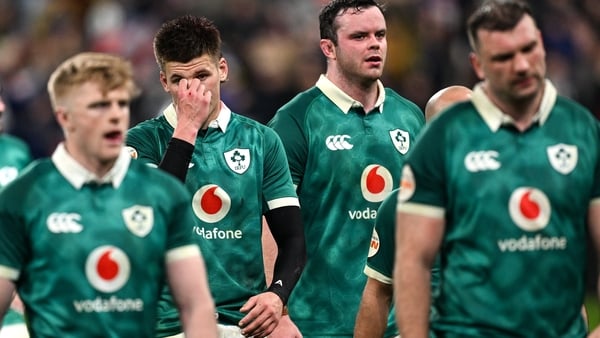 5 February 2026; Sam Prendergast of Ireland, centre, and teammates after the Guinness 6 Nations Rugby Championship match between France and Ireland at Stade de France in Paris, France. Photo by Ramsey Cardy/Sportsfile