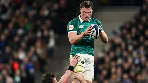 5 February 2026; Cian Prendergast of Ireland wins possession from a lineout during the Guinness 6 Nations Rugby Championship match between France and Ireland at Stade de France in Paris, France. Photo by Ramsey Cardy/Sportsfile