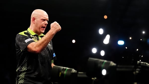 Michael van Gerwen celebrates winning his match against Netherlands' Gian van Veen during the BetMGM Premier League Darts at the Utilita Arena, Newcastle upon Tyne. Picture date: Thursday February 5, 2026.