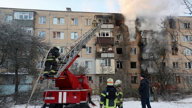 SES rescuers ascend a fire ladder to a burning apartment in a five-story residential building struck by a Russian UAV in Kharkiv, Ukraine, on February 3, 2026 (Photo by Viacheslav Madiievskyi/Ukrinform/NurPhoto via Getty Images). NO USE RUSSIA. NO USE BELARUS. (Photo by Ukrinform/NurPhoto via Getty 