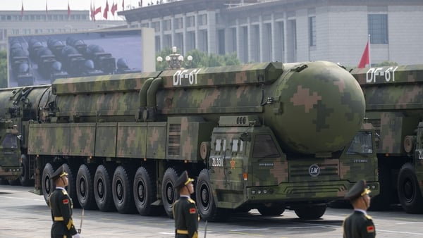 BEIJING, CHINA - SEPTEMBER 03: Land-based DF-61 intercontinental ballistic missiles of the nuclear missile formation attends the V-Day military at Tian'anmen Square during on September 3, 2025 in Beijing, China. China unveiled its land-, sea-, and air-bas