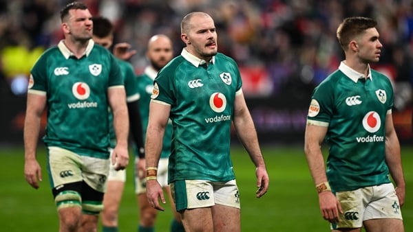 5 February 2026; Jacob Stockdale of Ireland, centre, and teammates Jack Crowley, right, and Tadhg Beirne, left, after the Guinness 6 Nations Rugby Championship match between France and Ireland at Stade de France in Paris, France. Photo by Ramsey Cardy/Spo