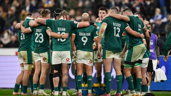 5 February 2026; The Ireland team huddle at the end of the Guinness 6 Nations Rugby Championship match between France and Ireland at Stade de France in Paris, France. Photo by Brendan Moran/Sportsfile