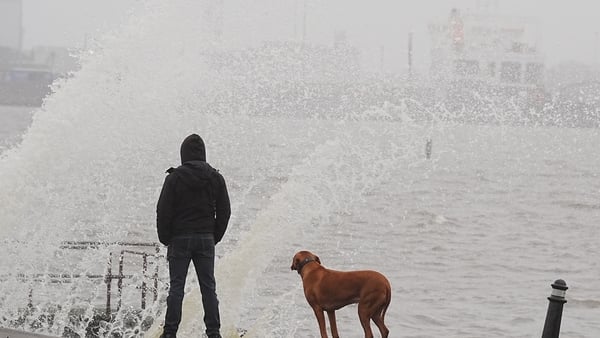 Waves crash against Balbriggan lighthouse in Co. Dublin. Parts of Ireland have been flooded amid rain warnings in place in 18 counties across the island. Picture date: Friday February 6, 2026.
