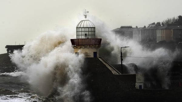 Waves crash against Balbriggan lighthouse in Co. Dublin. Parts of Ireland have been flooded amid rain warnings in place in 18 counties across the island. Picture date: Friday February 6, 2026.