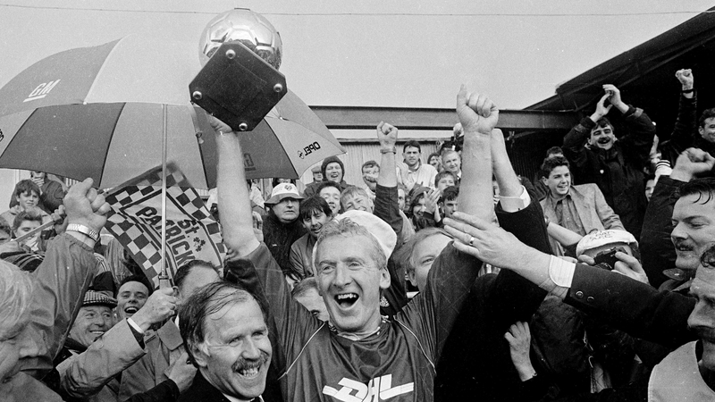 18 April 1990; Damien Byrne of St Patrick's Athletic celebrates after the League of Ireland Premier Division match between Drogheda United and St Patrick's Athletic at United Park in Drogheda, Co Louth. Photo by Ray McManus/Sportsfile