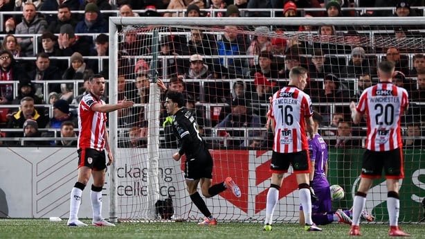 6 February 2026; Jad Hakiki of Sligo Rovers celebrates after scoring his side's first goal during the SSE Airtricity Men's Premier Division match between Derry City and Sligo Rovers at The Ryan McBride Brandywell Stadium in Derry. Photo by Stephen McCarthy/Sportsfile