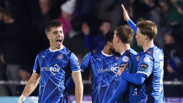6 February 2026; Tommy Lonergan of Waterford left, celebrates after scoring his side's first goal during the SSE Airtricity Men's Premier Division match between Waterford and Shelbourne at the Regional Sports Centre in Waterford. Photo by Michael P Ryan/S