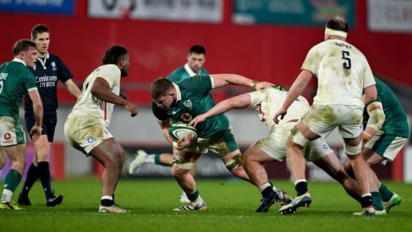 6 February 2026; Bryn Ward of Ireland XV is tackled by George Kloska of England A during the representative fixture rugby union match between Ireland XV and England A at Thomond Park in Limerick. Photo by Ramsey Cardy/Sportsfile