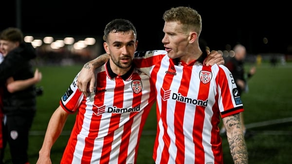 6 February 2026; James McClean, right, and Michael Duffy of Derry City celebrate after the SSE Airtricity Men's Premier Division match between Derry City and Sligo Rovers at The Ryan McBride Brandywell Stadium in Derry. Photo by Stephen McCarthy/Sportsfil