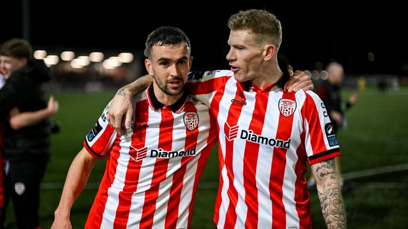 6 February 2026; James McClean, right, and Michael Duffy of Derry City celebrate after the SSE Airtricity Men's Premier Division match between Derry City and Sligo Rovers at The Ryan McBride Brandywell Stadium in Derry. Photo by Stephen McCarthy/Sportsfil
