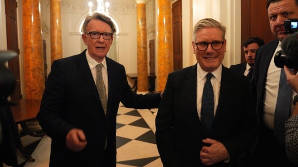 WASHINGTON, DC - FEBRUARY 26: British Prime Minister Keir Starmer (R) talks with Britain's ambassador to the United States Peter Mandelson during a welcome reception at the ambassador's residence on February 26, 2025 in Washington, DC. British Prime Minis