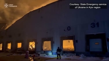 Russian drone strike causes large fire at warehouse in Kyiv region
