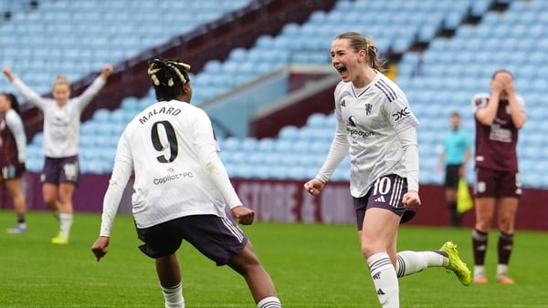 Manchester United's Elisabeth Terland (r) after scoring against Leicester in Women's Super League, February 2026